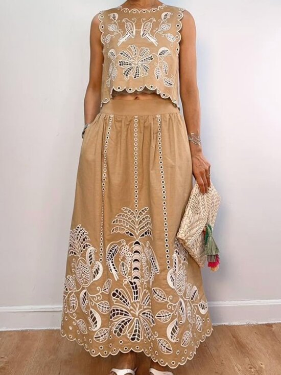 FARM Rio Dresses & Skirts - NWOT FARM Rio Tan Embroidered Cotton Skirt Set with White Eyelet